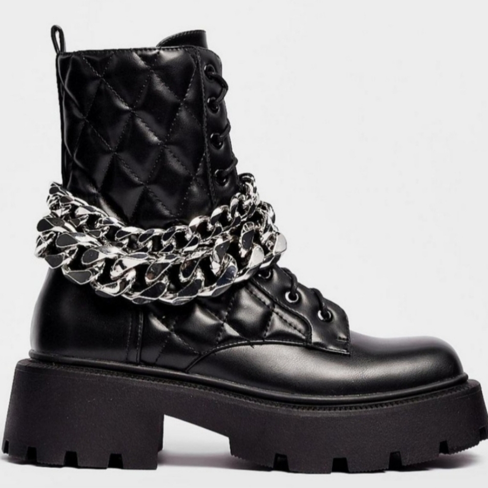 Nasty Gal Black Faux Leather Chunky Gothic Chain Lace-Up Boots